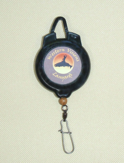 Fly fishing lanyard retractor with ball bearing swivel and duolock snap.